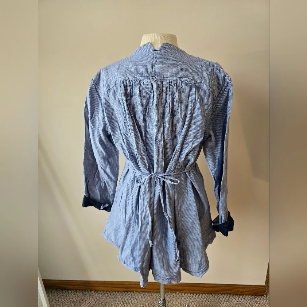 NWT Free People Blue Striped V-Neck Long Sleeve Women's Blouse Sz M.